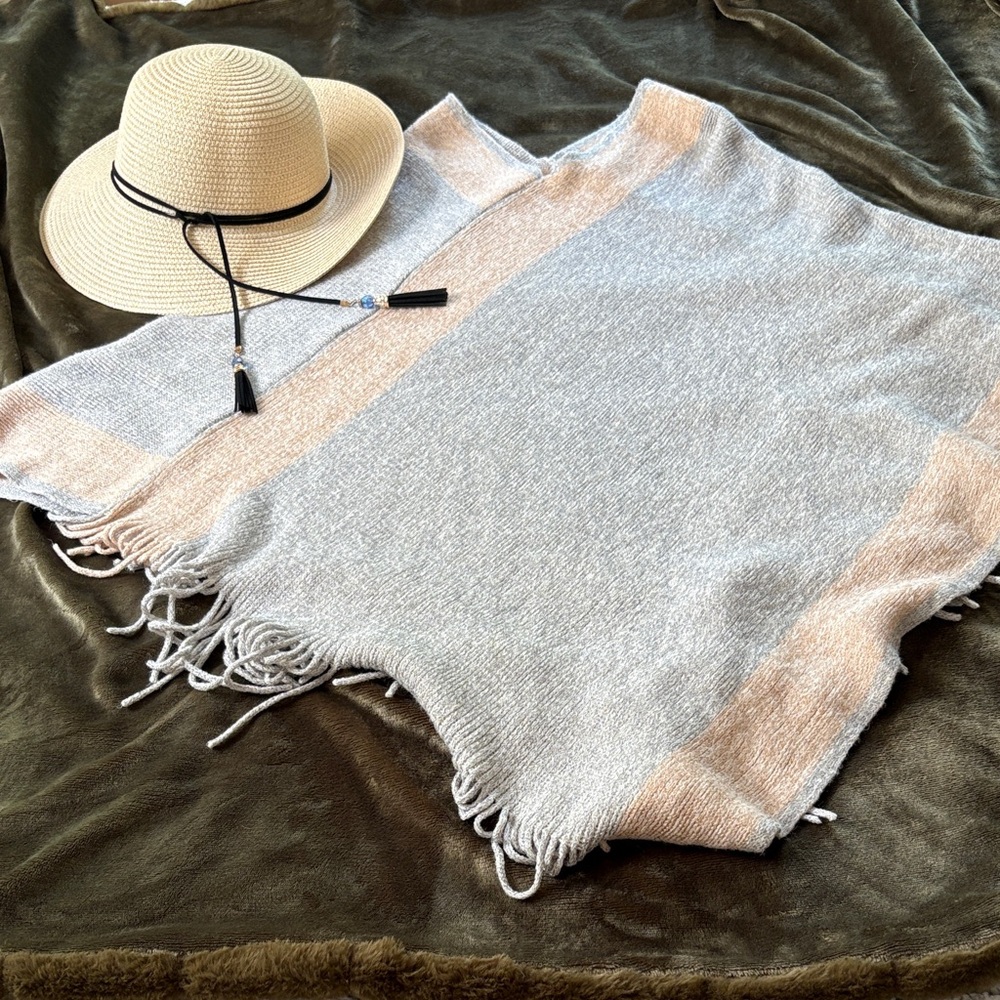 Stylish Gray and Tan Poncho with Fringe